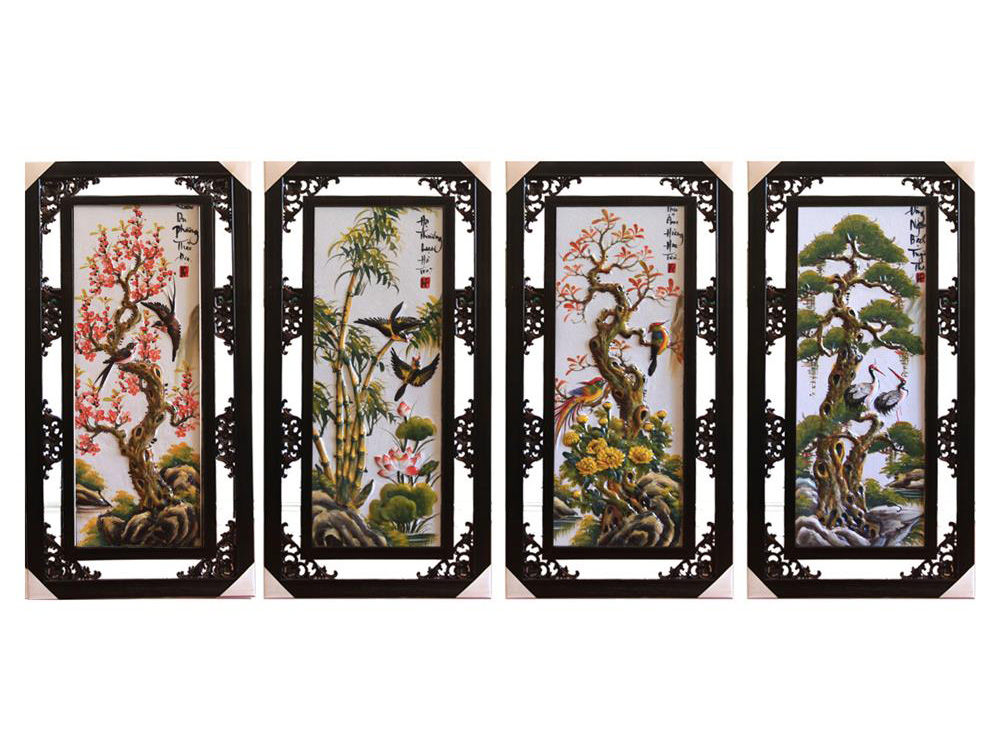 Bộ Tranh tứ quý đắp nổi cảnh Đào Trúc Cúc Tùng đắp nổi 82x42cm 1