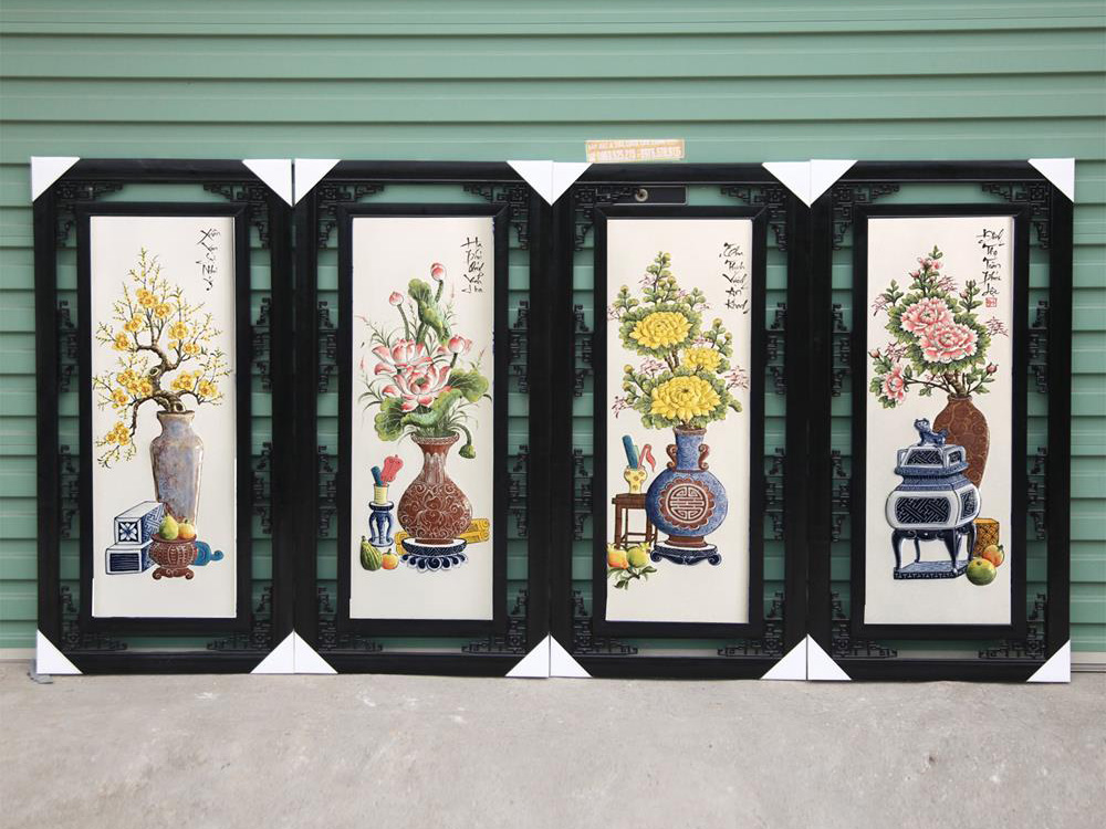 Tranh tứ quý vẽ cổ đồ đắp nổi men màu 100x50cm 2