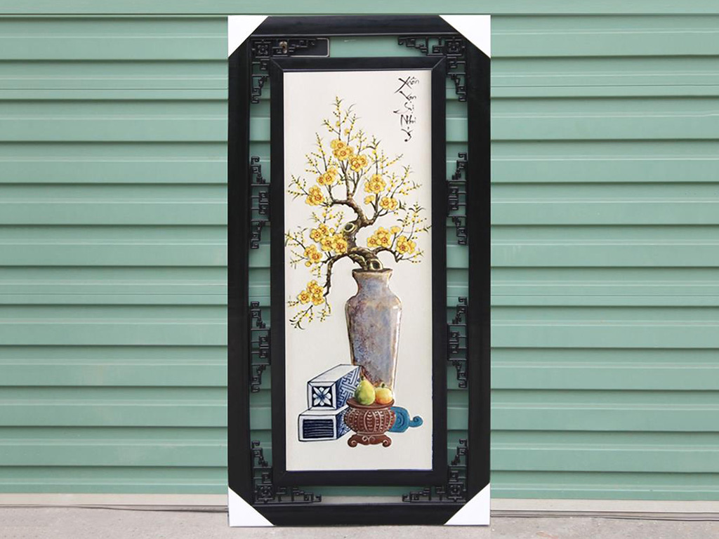 Tranh tứ quý vẽ cổ đồ đắp nổi men màu 100x50cm 3