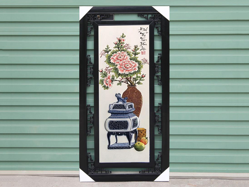 Tranh tứ quý vẽ cổ đồ đắp nổi men màu 100x50cm 6