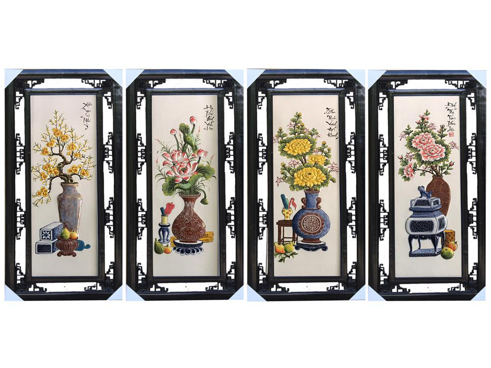 Tranh tứ quý vẽ cổ đồ đắp nổi men màu 100x50cm 1