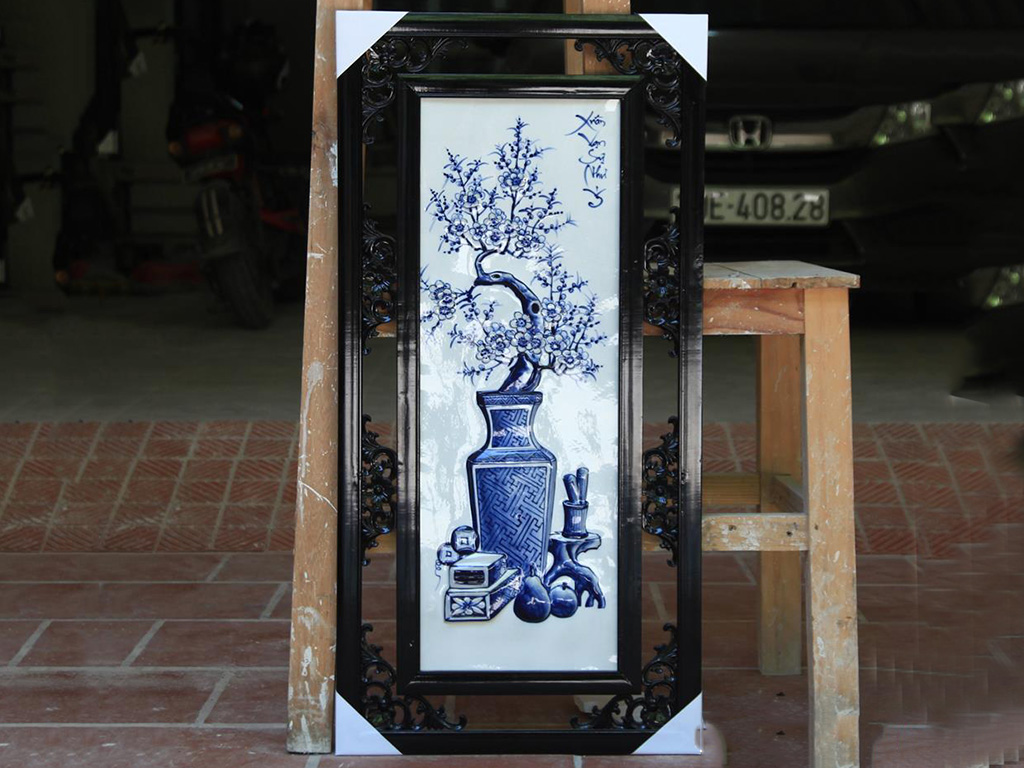 Tranh tứ quý men lam đắp nổi vẽ cổ đồ 85x42cm 2