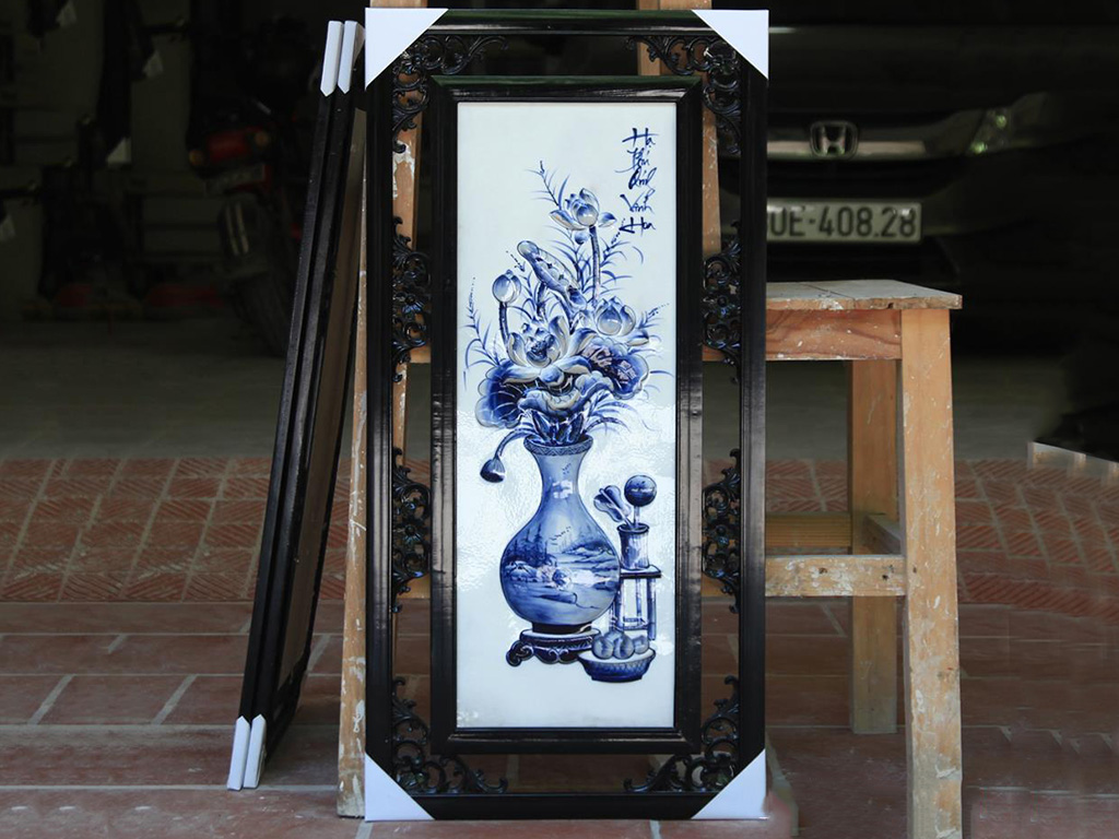 Tranh tứ quý men lam đắp nổi vẽ cổ đồ 85x42cm 3