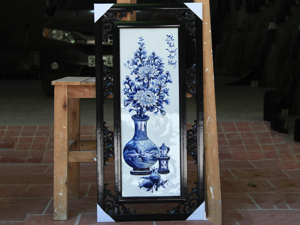 Tranh tứ quý men lam đắp nổi vẽ cổ đồ 85x42cm 4