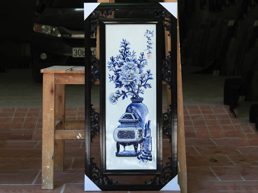 Tranh tứ quý men lam đắp nổi vẽ cổ đồ 85x42cm 5