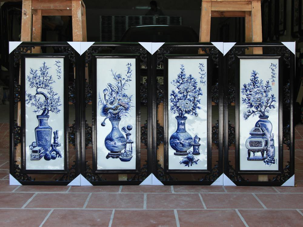 Tranh tứ quý men lam đắp nổi vẽ cổ đồ 85x42cm 1