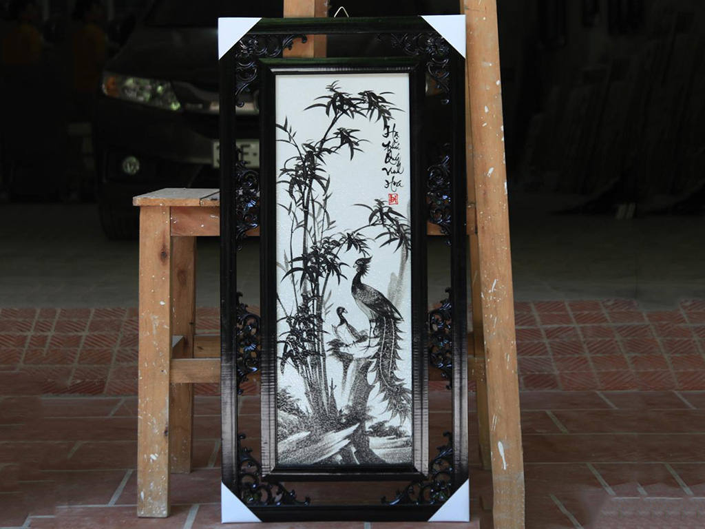 Tranh tứ quý Tùng Cúc Trúc Mai đen trắng 87x42cm 3