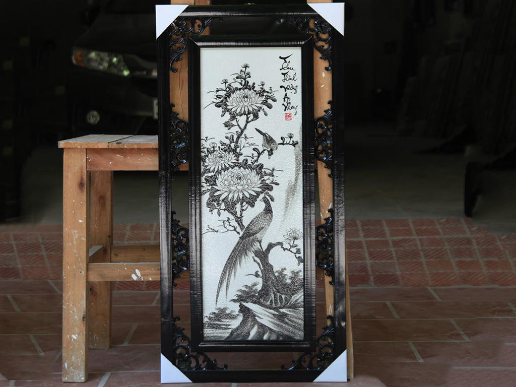 Tranh tứ quý Tùng Cúc Trúc Mai đen trắng 87x42cm 4