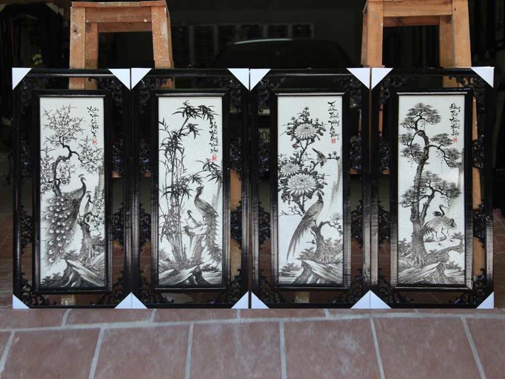 Tranh tứ quý Tùng Cúc Trúc Mai đen trắng 87x42cm 1