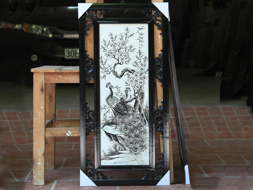 Tranh tứ quý Tùng Cúc Trúc Mai đắp nổi màu đen 87x43cm 2