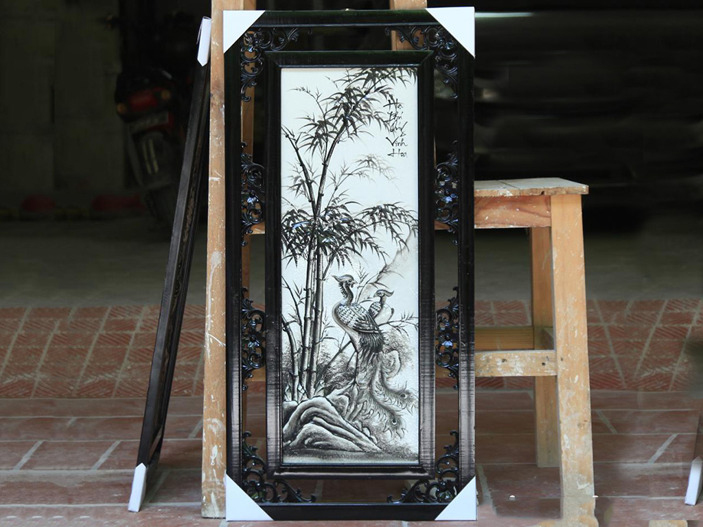 Tranh tứ quý Tùng Cúc Trúc Mai đắp nổi màu đen 87x43cm 3