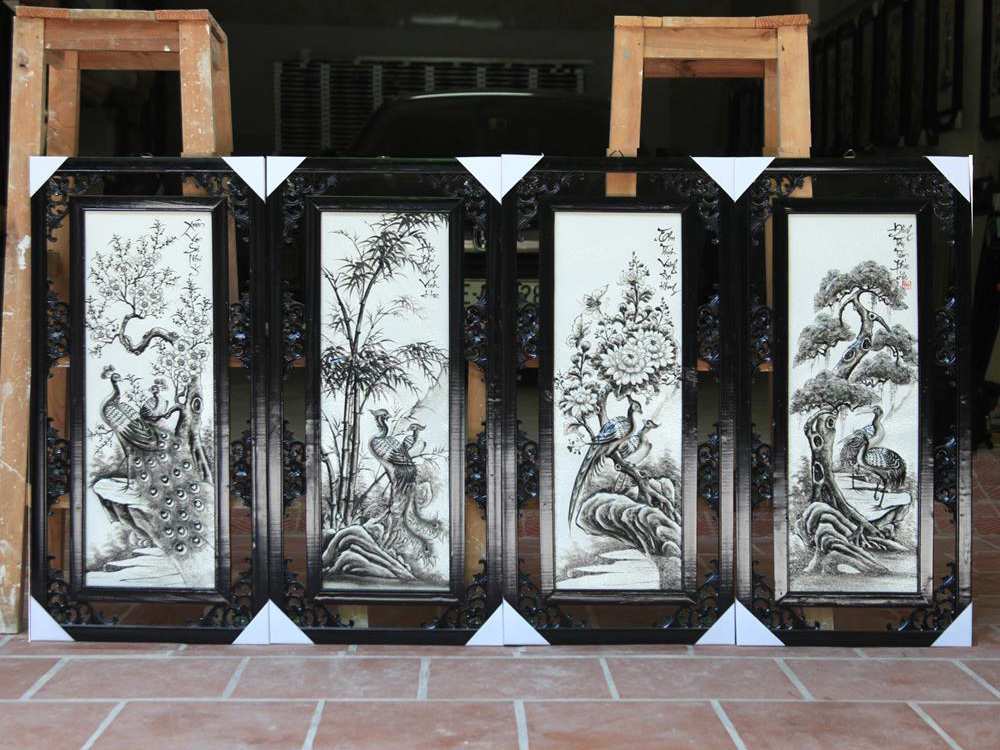 Tranh tứ quý Tùng Cúc Trúc Mai đắp nổi màu đen 87x43cm 1