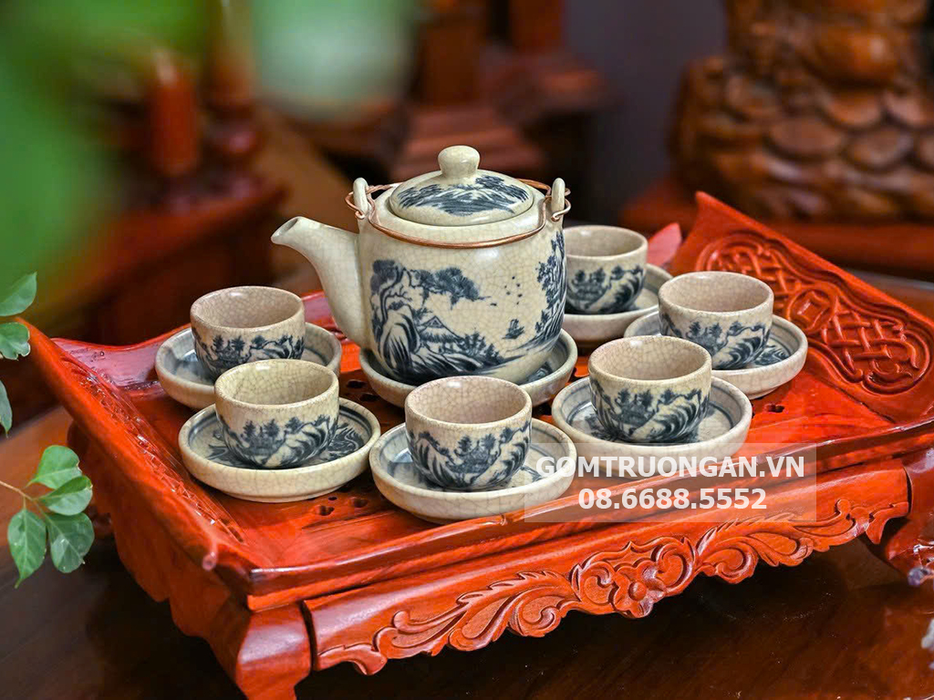 Ấm chén men rạn giả cổ vẽ sơn thủy dáng vại (không có khay) 1