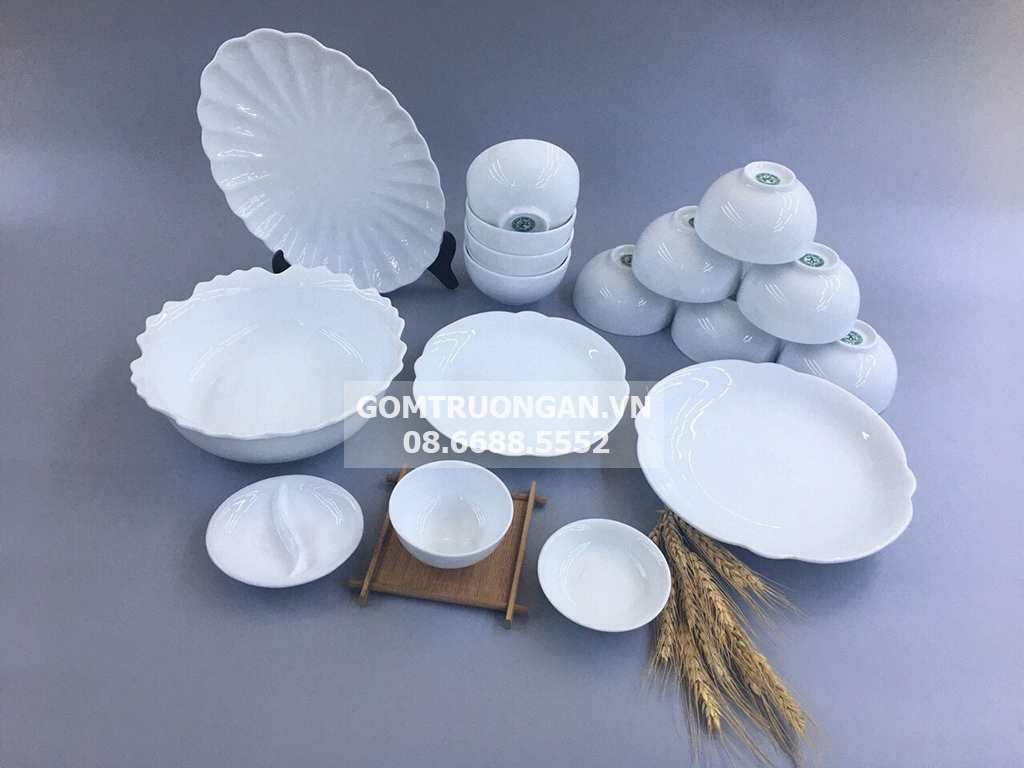 Bộ bát đĩa sứ Bát Tràng men trắng TABDT02 1