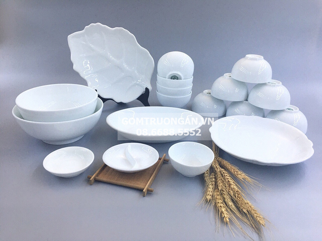 Bộ bát đĩa sứ Bát Tràng men trắng TABDT05 1