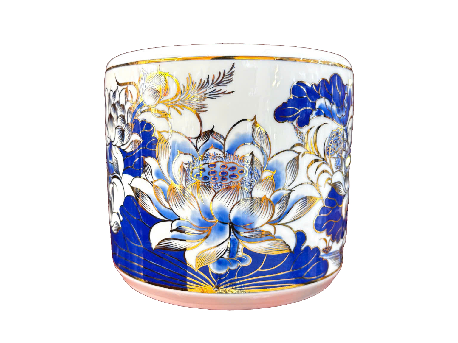 Bát hương vẽ vàng Hoa Sen men lam Vạn Phúc Trường An 14cm 1