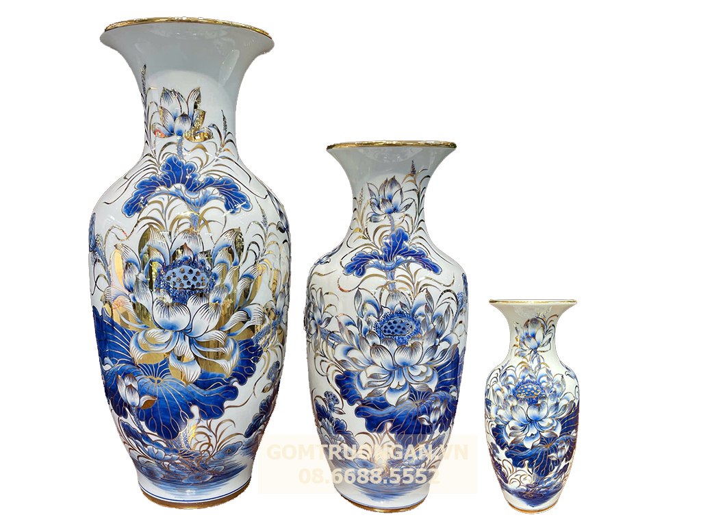 Lộc bình men lam vẽ vàng hoa sen vẽ kỹ cao 40cm 1