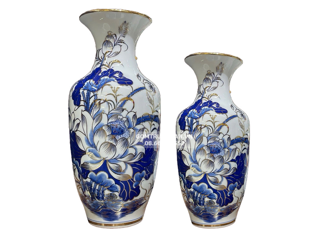 Lộc bình men lam vẽ vàng hoa sen cao 30cm 1