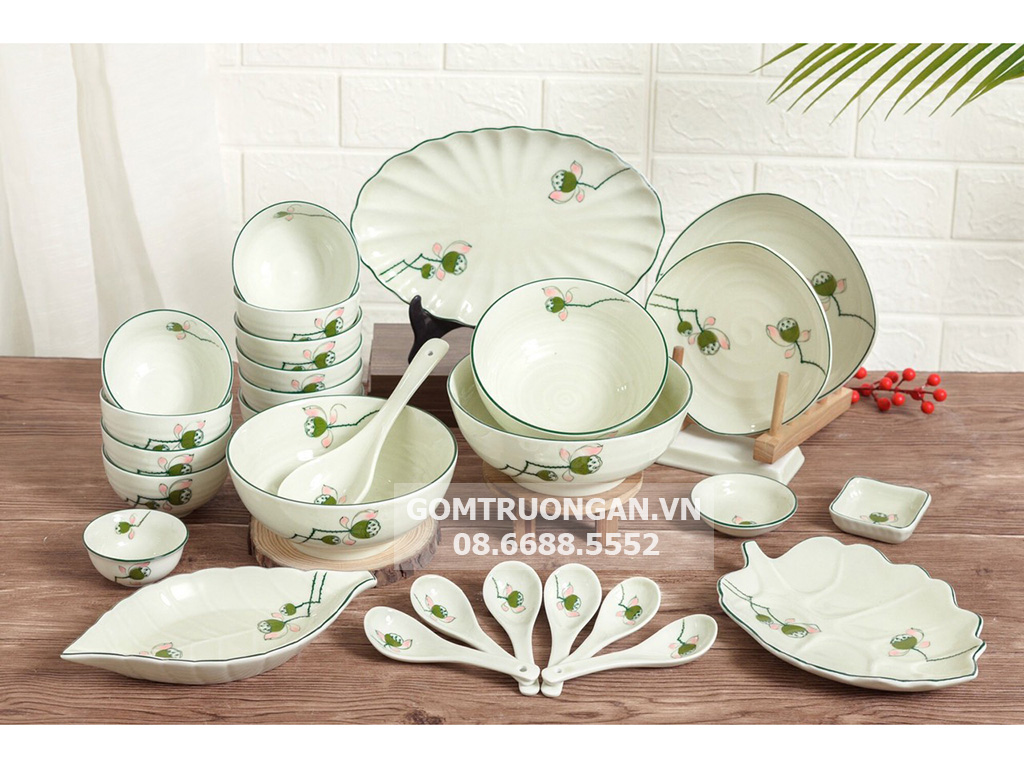 Bộ bát đĩa Bát Tràng vẽ tay nhụy sen 28 món 1