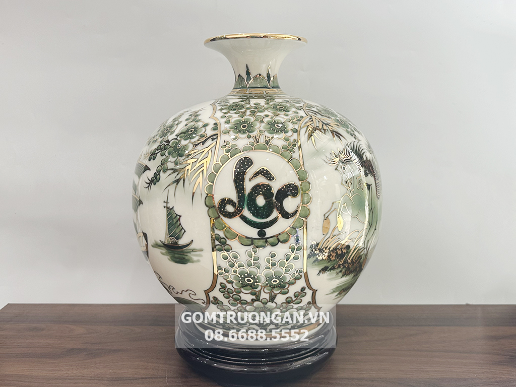 Bình hút lộc vẽ vàng Thuận Buồm Xuôi Gió Bát Mã men hoàng thổ 2