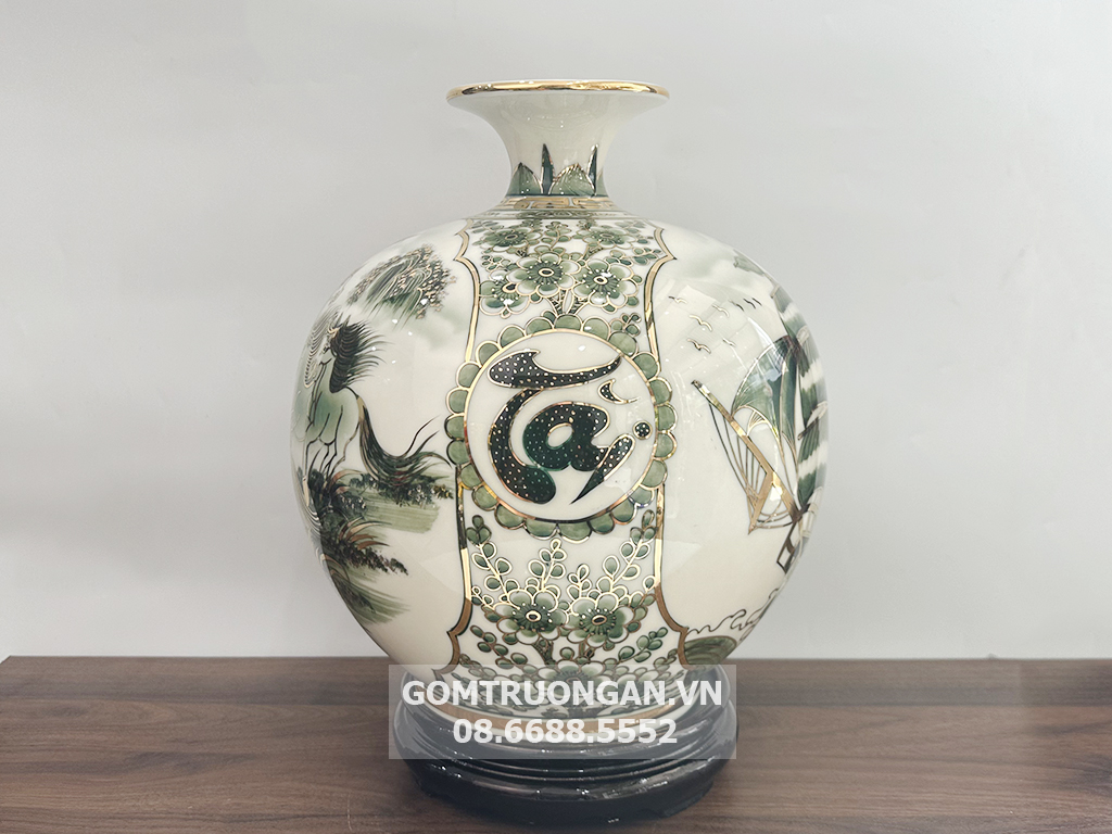 Bình hút lộc vẽ vàng Thuận Buồm Xuôi Gió Bát Mã men hoàng thổ 4