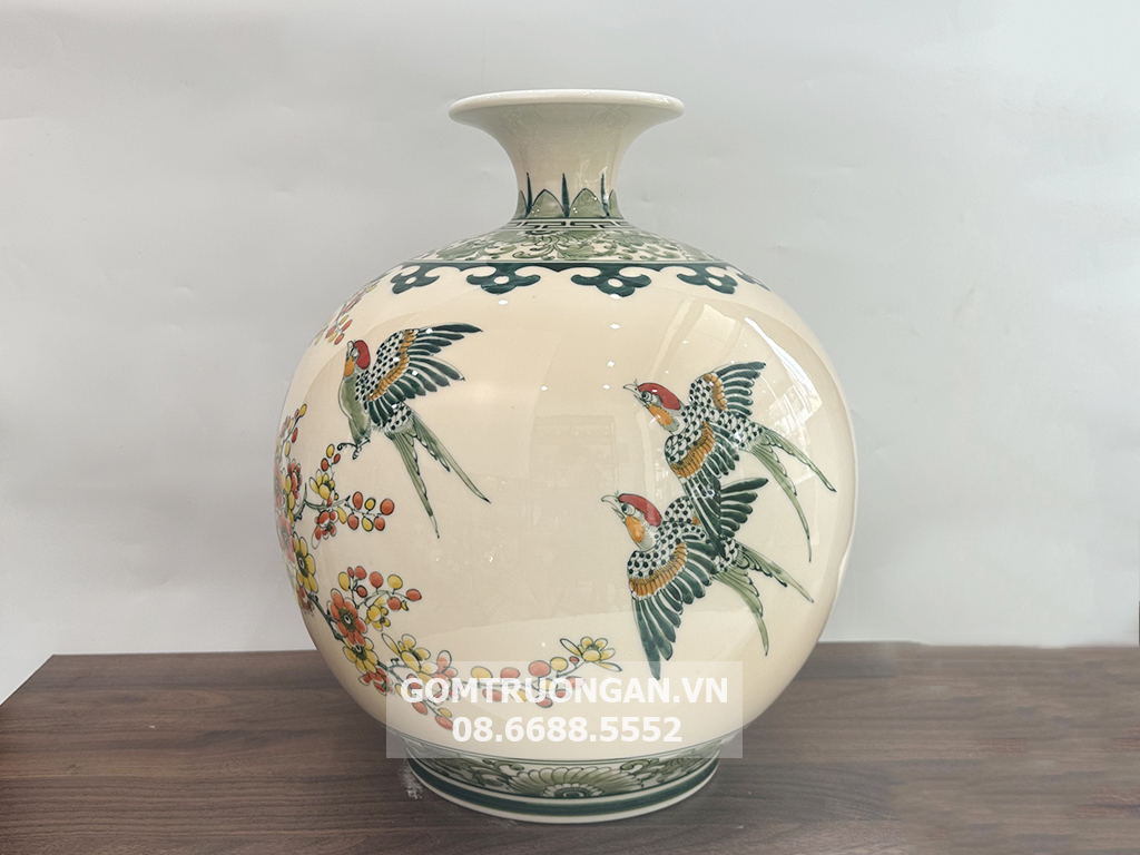 Bình hút tài lộc Chim Én Hoa Đào Đón Xuân 35cm men hoàng thổ 2