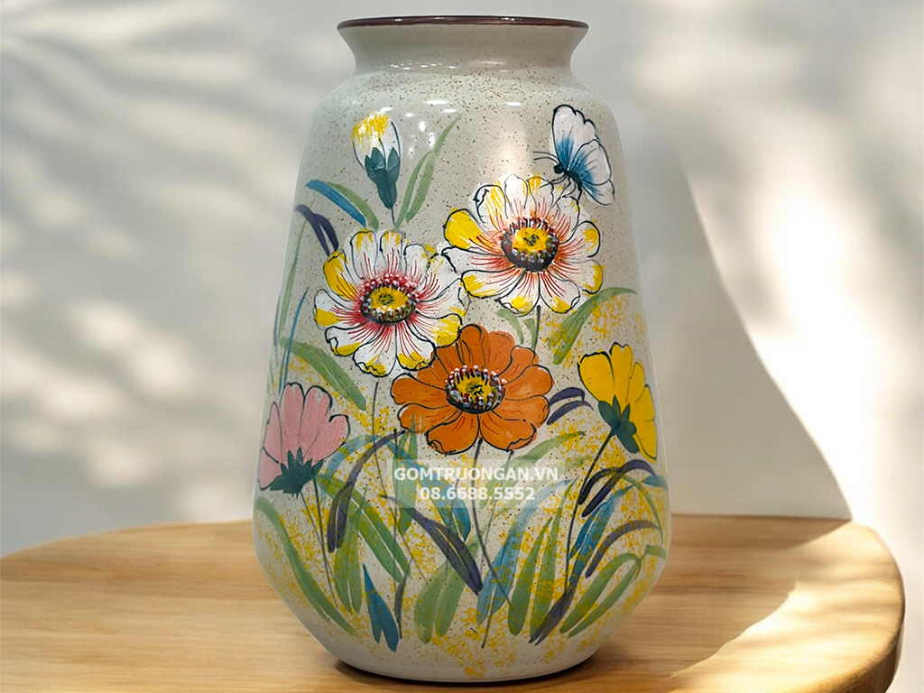 Lọ hoa bát tràng, lọ hoa men tiêu 3D cắm hoa dáng phích vát đáy 1