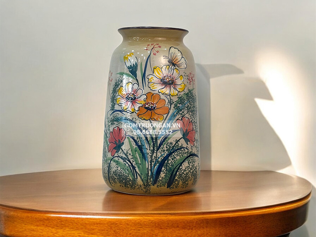 Lọ hoa men bóng 3D dáng phích vẽ tay hoa bươm bướm 1