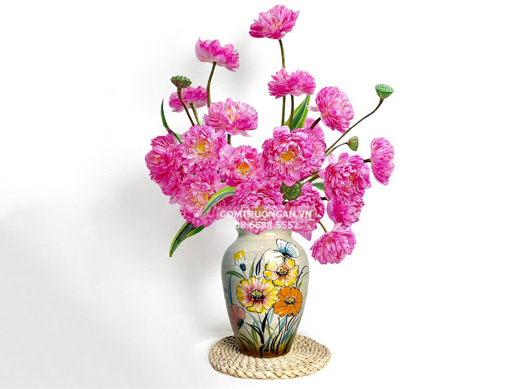 Lọ hoa men bóng 3D dáng vò cao vẽ tay hoa bươm bướm 2