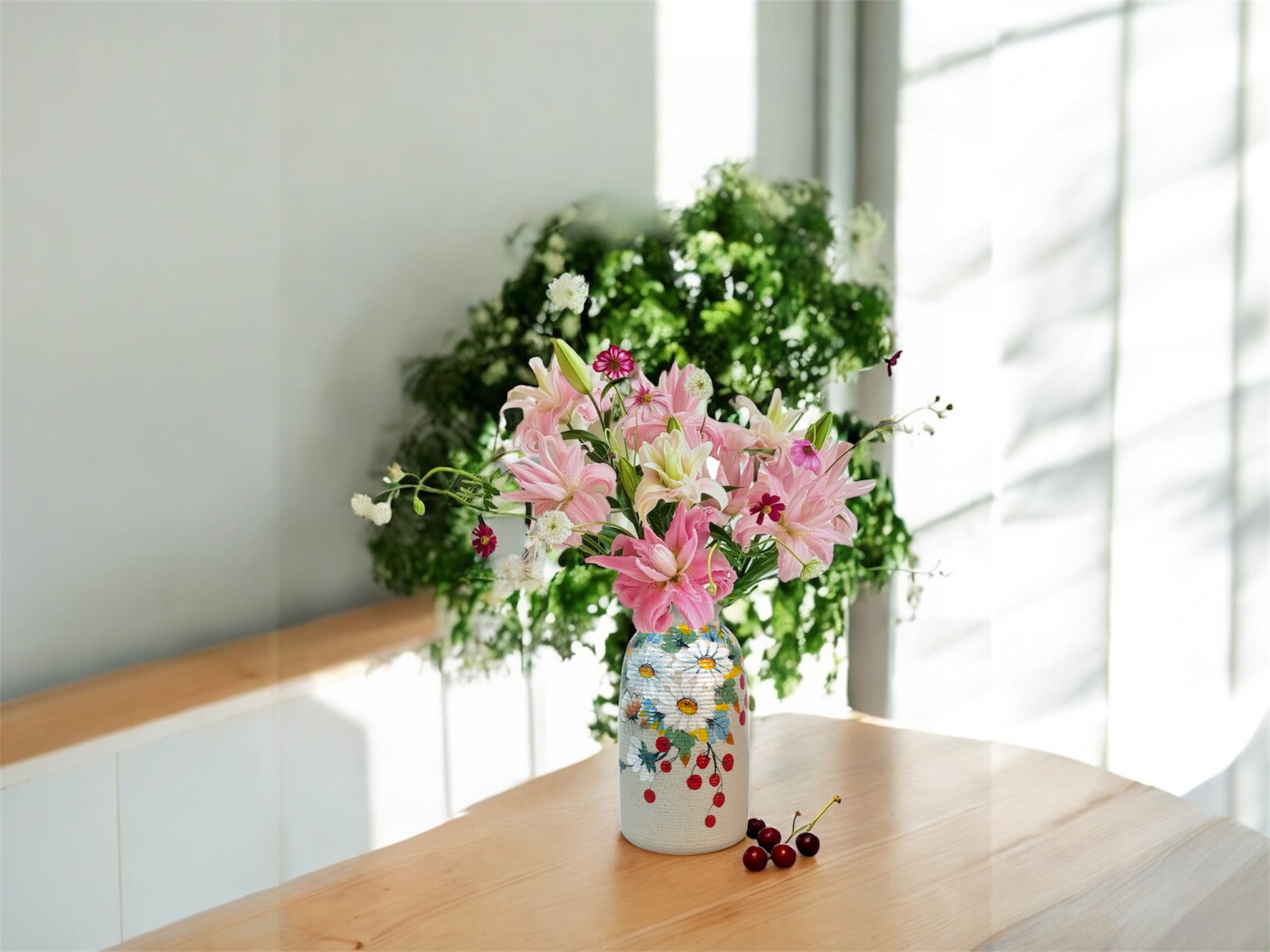 Lọ hoa men tiêu 3D dáng vò tròn ganh to vẽ tay hoa cúc họa mi trắng 2