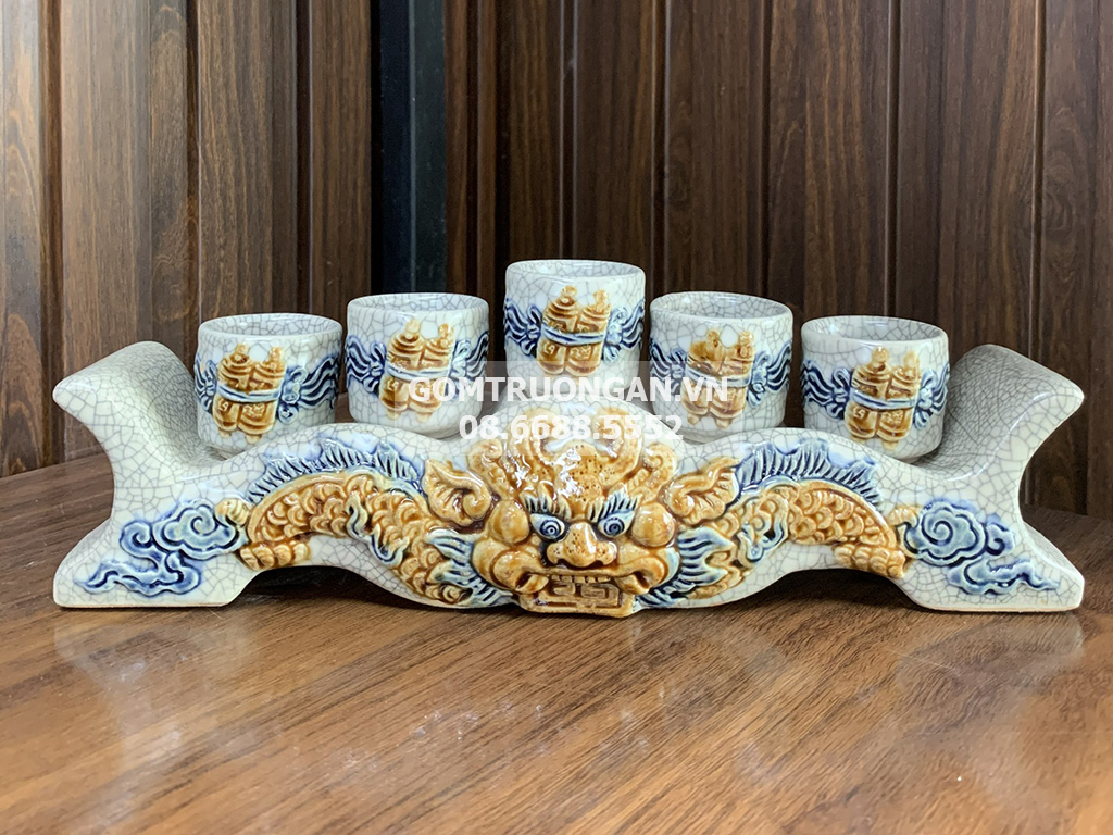 Kỷ chén 5 ngai men rạn nổi rồng cao cấp Trường Xuân 1