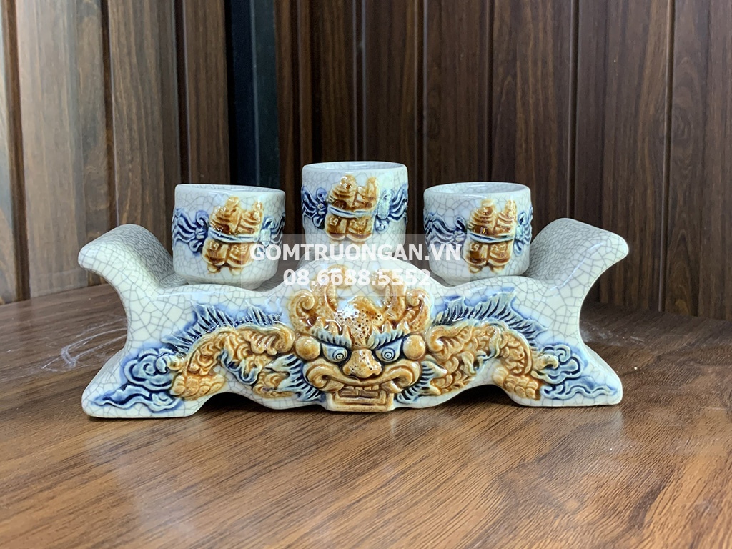 Kỷ chén 3 ngai men rạn nổi rồng cao cấp Trường Xuân 1