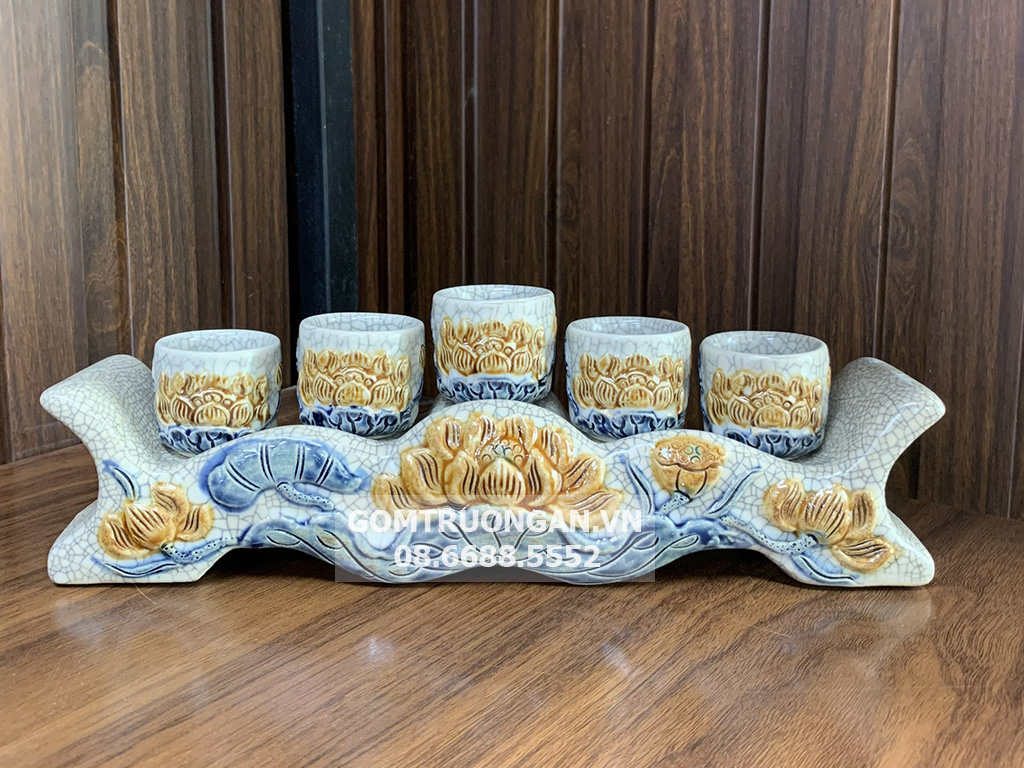 Kỷ chén 5 ngai men rạn nổi Hoa sen cao cấp Trường Xuân 1