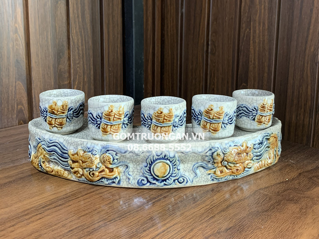 Kỷ chén cong 5 men rạn nổi rồng cao cấp Trường Xuân 1