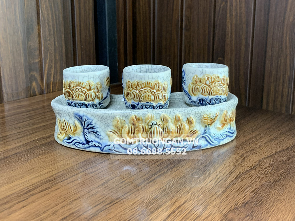 Kỷ chén cong 3 men rạn nổi Hoa sen cao cấp Trường Xuân 1