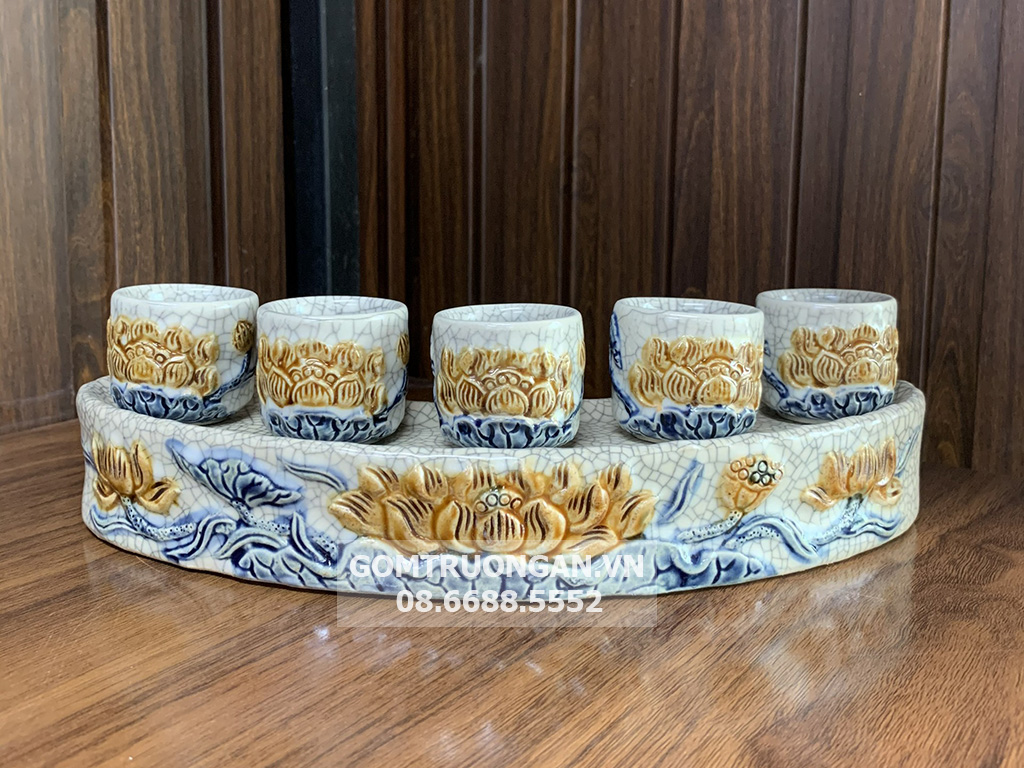 Kỷ chén cong 5 men rạn nổi Hoa sen cao cấp Trường Xuân 1