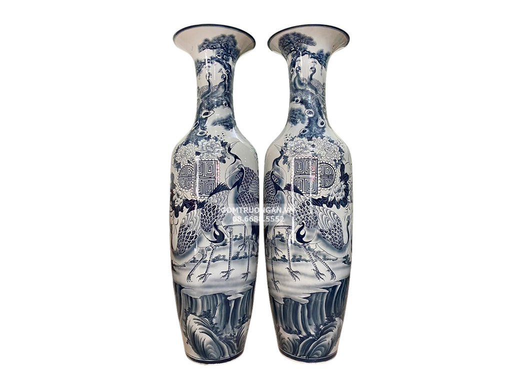 Lọ lộc bình Bát Tràng men chàm Ngũ Phúc vẽ kỹ 1m6 1