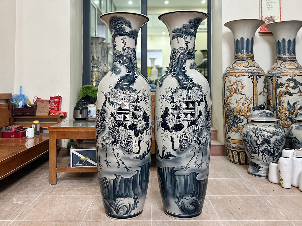 Lọ lộc bình Bát Tràng men chàm Ngũ Phúc vẽ kỹ 1m4 1