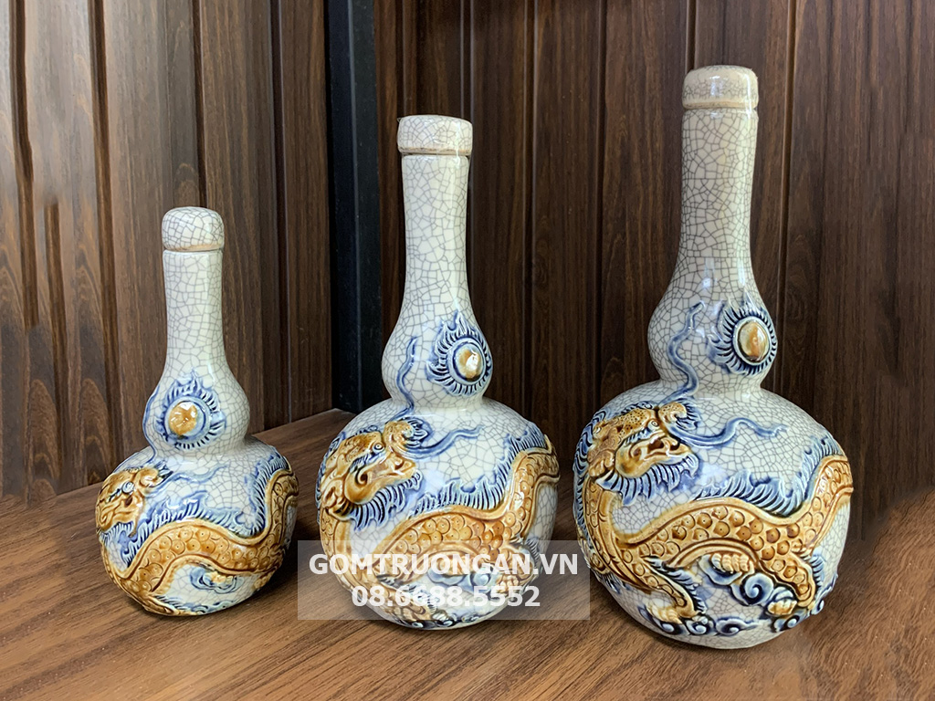 Nậm 2 bầu men rạn nổi rồng cao cấp Trường Xuân S3 1