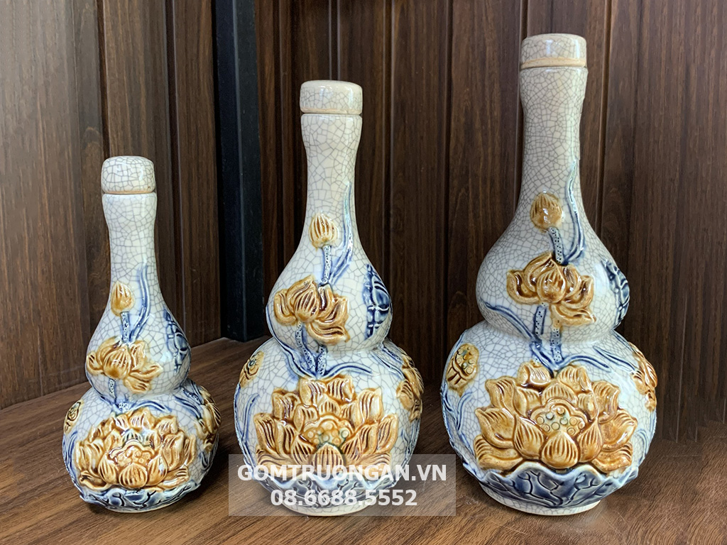 Nậm 2 bầu men rạn nổi Hoa sen cao cấp Trường Xuân S1 1