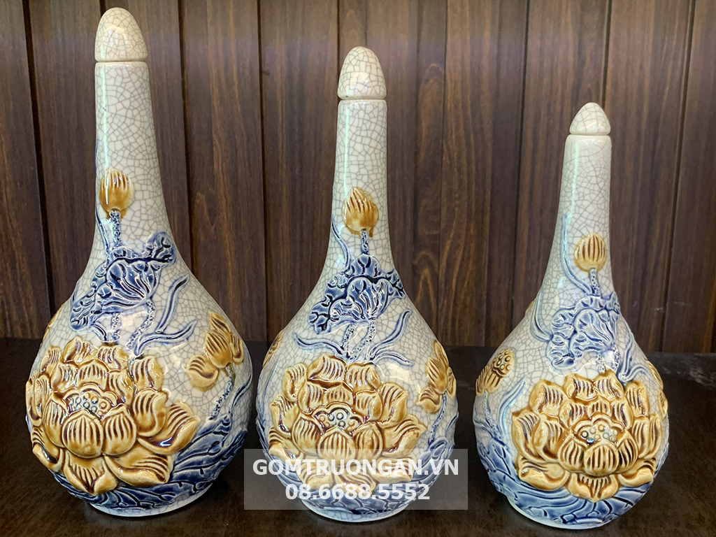 Nậm 1 bầu men rạn nổi Hoa sen cao cấp Trường Xuân S1 1