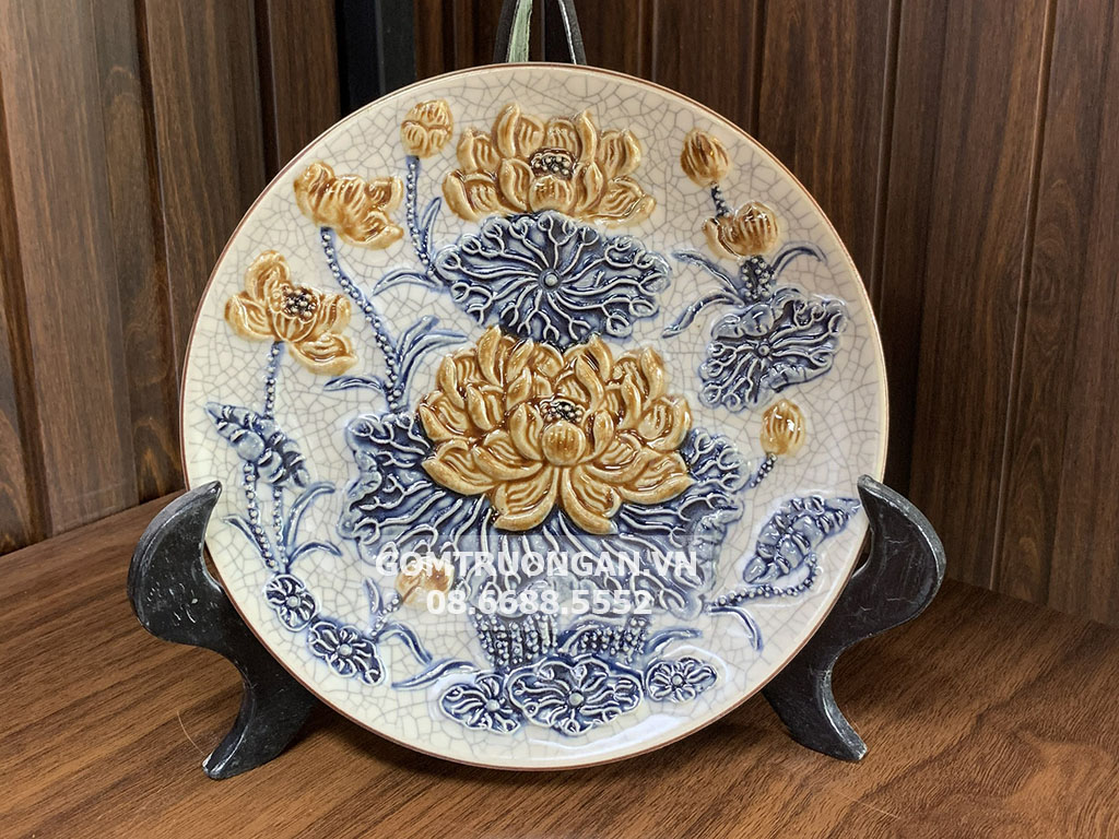 Mâm bồng men rạn nổi Hoa sen cao cấp Trường Xuân 20cm 1