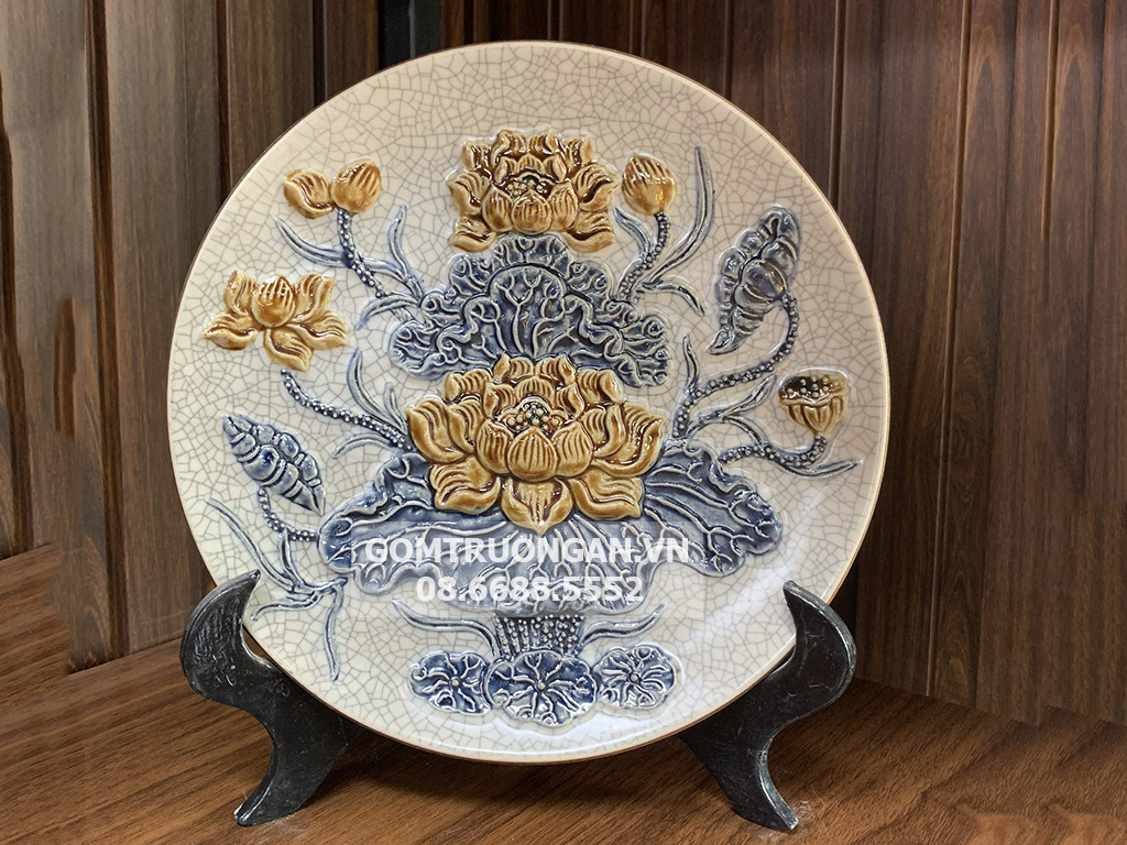 Mâm bồng men rạn nổi Hoa sen cao cấp Trường Xuân 25cm 1