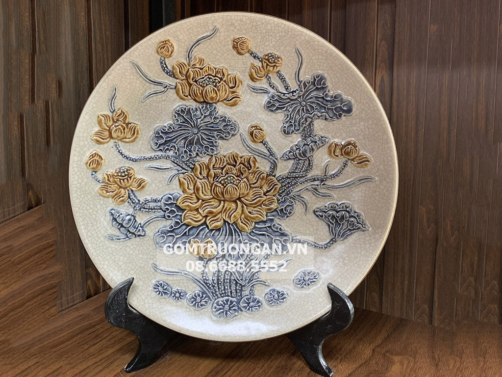 Mâm bồng men rạn nổi Hoa sen cao cấp Trường Xuân 27cm 1