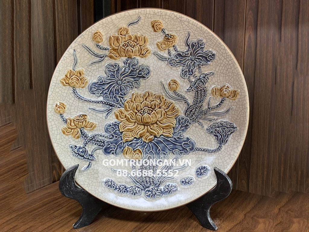 Mâm bồng men rạn nổi Hoa sen cao cấp Trường Xuân 30cm 1