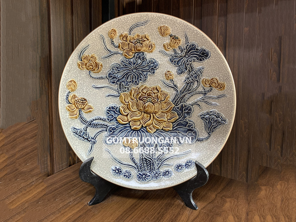 Mâm bồng men rạn nổi Hoa sen cao cấp Trường Xuân 32cm 1