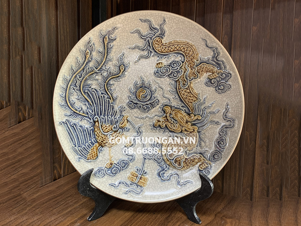 Mâm bồng men rạn nổi rồng cao cấp Trường Xuân 32cm 1