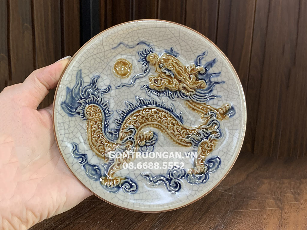 Đĩa trầu cau men rạn nổi cao cấp rồng Trường Xuân 1