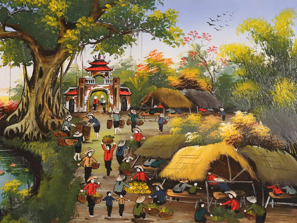 Tranh sứ Bát Tràng vẽ phiên chợ quê 3 95x55cm 2