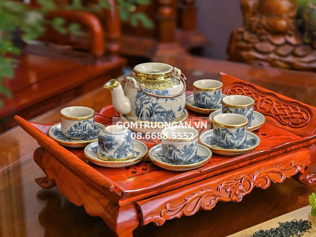 Ấm chén men giả cổ bọc đồng sơn thủy vung lõm (không có khay) 1